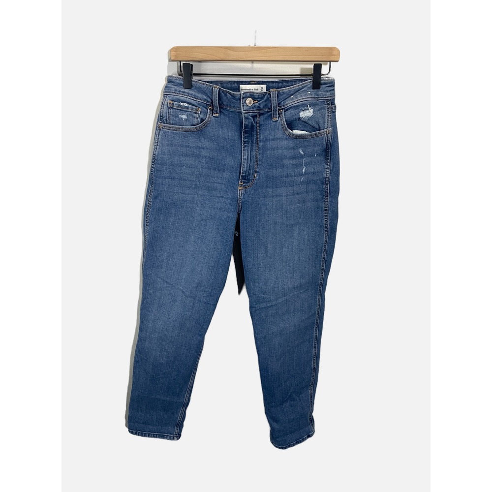 Abercrombie & Fitch The Mom High Rise Jeans Womens 28 6R Blue Distressed Denim